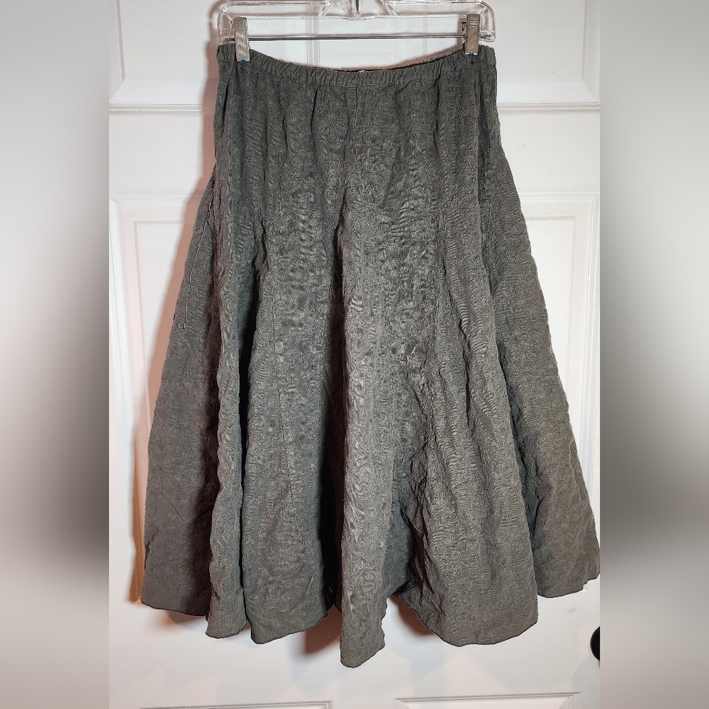 Vintage Stretchy Gray Pull On Cotton Emroidered Midi Skirt M Minor Flaw